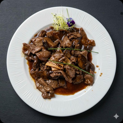 Ternera con bambú y setas negras